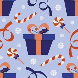 cute seamless christmas pattern with candies, snowflakes and presents. purple background. flat style illustration.