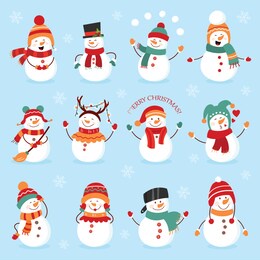 set of winter holidays snowman. cheerful snowmen in different costumes. snowman chef, magician, snowman with candy and gifts