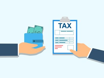 businessman paying taxes. financier giving bills payment form. hand holding wallet with dollar banknotes. financial advising company. government taxation, economics. flat cartoon vector illustration