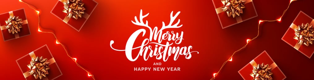 merry christmas & happy new year promotion poster or banner with red gift box and led string lights for retail,shopping or christmas promotion in red and black style.