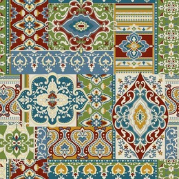 seamless damask with colorful patchwork. vintage multi color pattern in turkish style. endless pattern can be used for ceramic tile, wallpaper, linoleum, textile, web page background. 