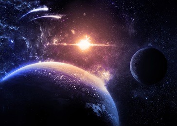 dark planet and moon over a glowing star - elements of this image furnished by nasa 