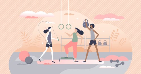 gym fitness with fit workout activity and sport exercise tiny person concept. physical indoor activity for health, strength or good shape vector illustration. athletic body gain with weights or cardio