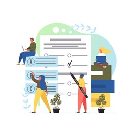 flat style design illustration of young people students passing exam. online test, questionnaire form, distance education, e-learning, survey, internet quiz concept for web banner, website page
