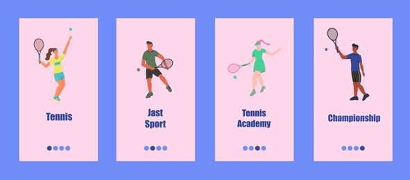 tennis mobile app template. young people play tennis. concept of a tennis school, competition, or championship. flat vector illustration.