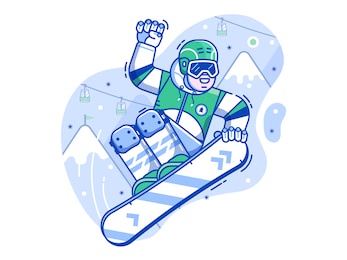 smiling cross country snowboarder jumping on ski resort background. freeride snowboard man character in motion concept scene. mountain freestyle skier jump on snow hill.