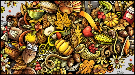 thanksgiving day doodle banner design. cartoon background. harvest flyer template. color vector celebration illustration