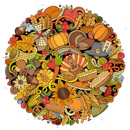 cartoon vector doodles happy thanksgiving day illustration. colorful, detailed, with lots of objects background. all objects separate. bright colors round funny picture