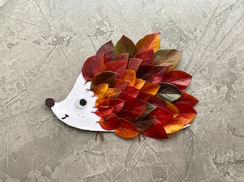 children's crafts, hedgehog made of autumn leaves,