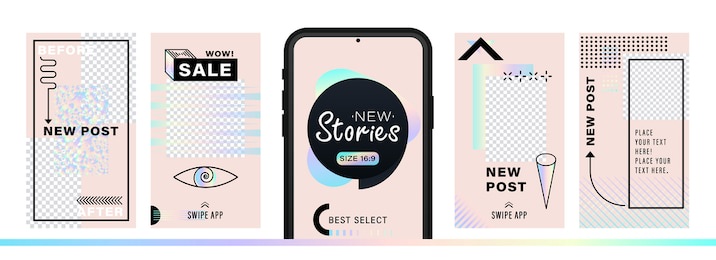 set of abstract trendy design for stories with dispersion effect.  editable template for social networks stories. for create trendy stories, sales, poster, new posts in memphis and hipster style.