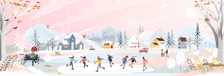 winter landscape at night with people having fun doing outdoor activities on new year,christmas day in village with people celebration, kid playing ice skates, teenagers skiing with snow falling 