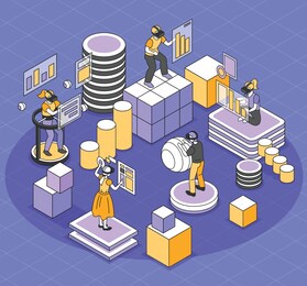 virtual reality concept with vr game symbols isometric vector illustration