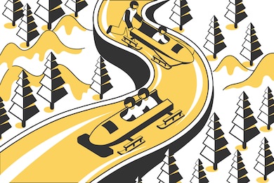 four athletes taking part in bobsleigh competition 3d isometric vector illustration