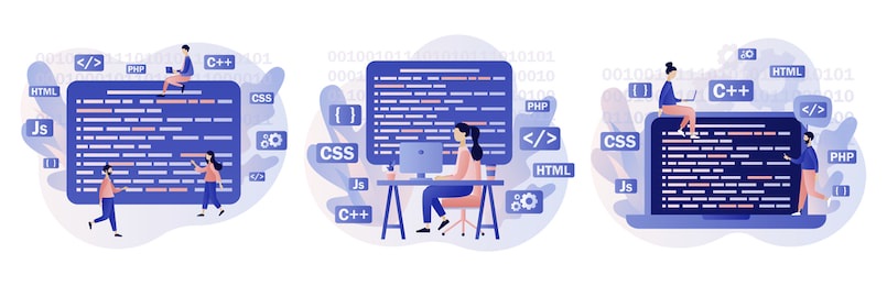 programming and engineering development. programmer or developer create code programming language. php, html, c++, css, js. modern flat cartoon style. vector illustration on white background