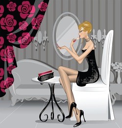 a glamorous woman in a black dress and high heels fixing her makeup using a pocket mirror