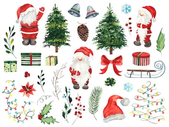 watercolor christmas set clipart with blue pickup, christmas tree, gifts, santa, christmas truck