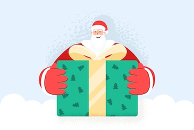 happy funny old bearded santa claus giving big gift box. christmas xmas holiday. santa claus in trendy vector style laughing giving gift box  wrapped yellow ribbon ribbon.