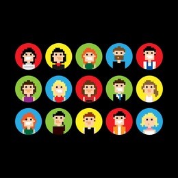 set of round pixel people avatars