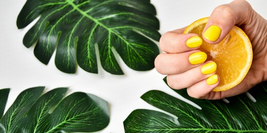 female hand with yellow nail design holding fresh lemon. yellow nail polish manicure. female hand hold green leaf on grey background. tropical background with woman's hand
