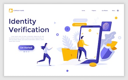 landing page template with people walking into screen of smartphone. concept of mobile technology for identity verification, authentication. modern colorful isometric vector illustration for website.