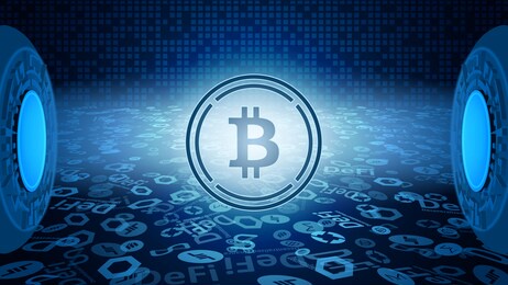 wrapped bitcoin wbtc token symbol of the defi system shining in the rays of light. cryptocurrency logo icon. decentralized finance programs. vector.