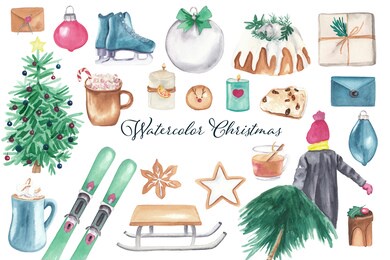 watercolor christmas clip art winter sports, christmas food, hot beverages, girl with tree, christmas tree and christmas decor, candles and balls. illustrations isolated on white