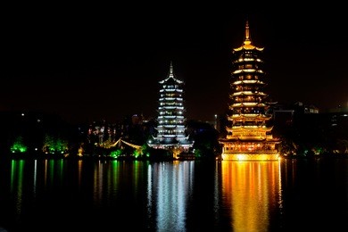 colorful pagodas representing the sun and the moon, fir lake, guilin, china