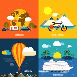 icons set of traveling, planning a summer vacation, tourism and journey objects and passenger luggage in flat design. different types of travel