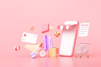 3d online shopping on smartphone concept, floating shopping items, online buying, and online payment