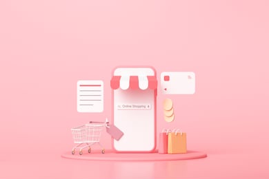 3d minimal online shopping on smartphone application service, digital marketing, online buying, and online payment concept. 3d banner background.