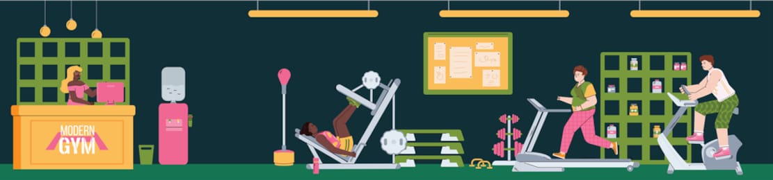 interior of gym with reception desk, equipment, shelves with sports nutrition and training people. active healthy lifestyle, fitness and workout indoor. vector illustration.