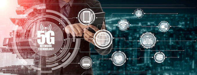 advanced communication and global internet network connection in smart city . concept of future 5g wireless digital connecting and social media networking .