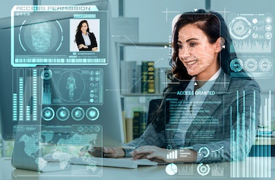 facial recognition technology scan and detect people face for identification . future concept interface showing digital biometric security system that analyze human face to verify personal data .