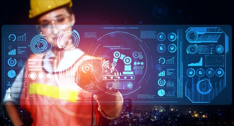 engineering technology and industry 4.0 smart factory concept with icon graphic showing automation system by using robots and automated machinery controlled via internet network .