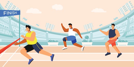 stadium running track composition with view of open air arena with stands and jogging athlete characters vector illustration