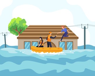 flood disaster illustration concept. rescuer helped people by boat from sinking house and through flooded road. people saved from flooded area or town, natural disaster concept. vector in a flat style