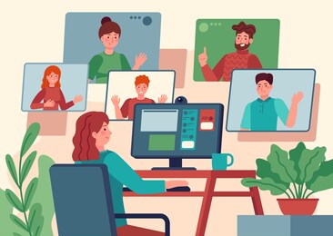 video conference. woman at home chatting with friends on computer screen, online communication with coworkers, video chat  concept. internet meeting with colleagues, having e-learning