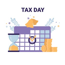 tax day flat icons illustration concept. calendar mark, sandglass, coins.