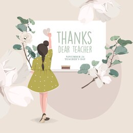 thank you teacher.  november 24, teacher's day. cartoon, vector, study, flower, little girl, board.