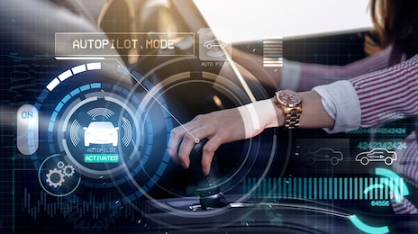 auto pilot self driving car businesswoman gear handle mode switch, hud head up display and digital instruments panel autonomous user interface navigation utility screen smart technology hologram