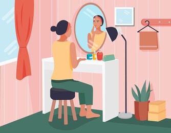 women sitting in front of makeup table using skincare routine with room interior vector illustration. used for landing page illustration, website image and other