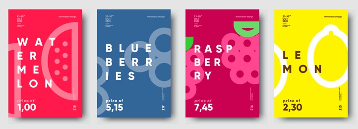 vector illustrations. set of minimalistic fruit posters or price tags. watermelon, blueberry, raspberry, lemon.