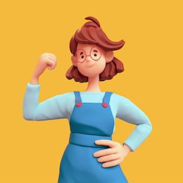 portrait of cute casual kawaii funny smiling brunette girl in glasses wearing blue apron shows powerful muscle on her arm. strong and energy. minimal art style character. 3d render on yellow backdrop