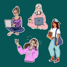 
collection of stickers with female students, female characters working or studying with laptop online, modern youth, vector stickers in doodle style.