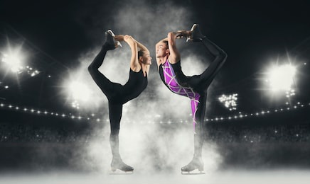 biellmann spin. couple figure skating in action. sports banner. horizontal copy space background