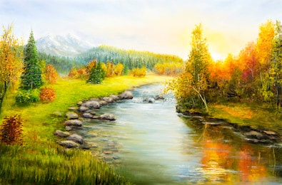 original  oil painting of beautifl autumn landscape, forest,mountains  and river  on canvas.modern impressionism, modernism,marinism