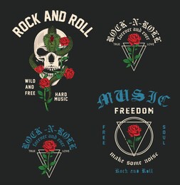 a set of two edgy tattoo style illustration graphic designs for t-shirts or other merchandise. grim reaper and hand holding rose