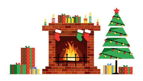 christmas fireplace. decoration with fireplace. holiday decorating template. flat style