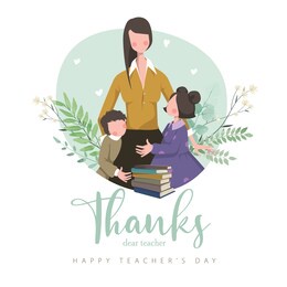 thanks dear teacher. november 24, teacher's day. cartoon, vector, books, study, flower, woman.