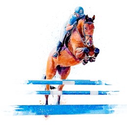 jockey on horse. horse jumping. equestrian events. show jumping competition. watercolor painting illustration isolated on white background